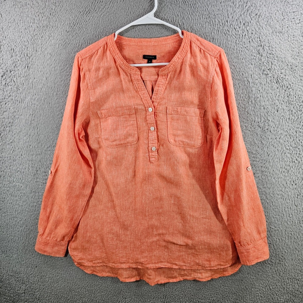 Talbots Womens Medium Orange 100% Linen Long Sleeve Button Side Tunic Top